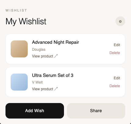 Wisha app showing a wishlist with beauty products